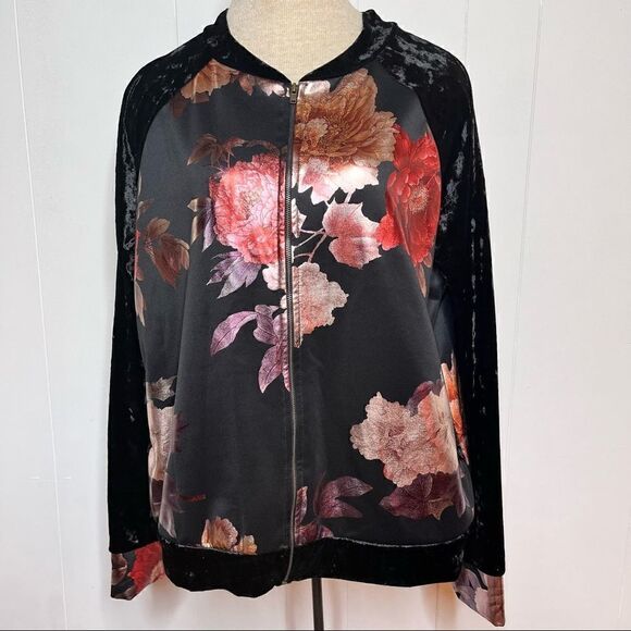Eloges Track Jacket Womens Medium Black Crushed Velvet Metallic Floral Full Zip - Picture 1 of 7